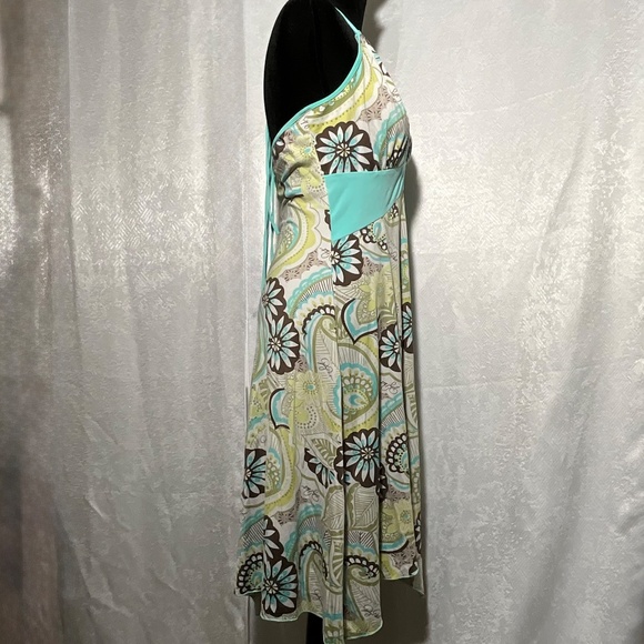 Baby Phat Halter Dress L Boho Floral Print Aqua Brown Asymmetrical Hem Y2K Retro - Picture 5 of 14